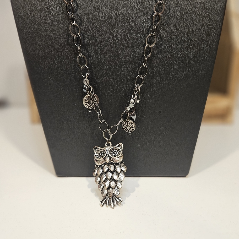 Black Silver Owl Pendant Necklace Long Layering Animal Women's Jewelry